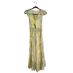 Anthropologie Maxi Dress Women 0 Yellow Multi Excellent Watercolor Boho Smocked